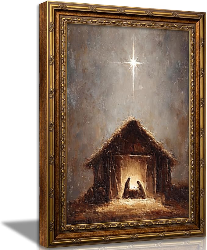 Vintage Nativity Scene Canvas Wall Art Bethlehem Star Poster Print Decor - skull wall art