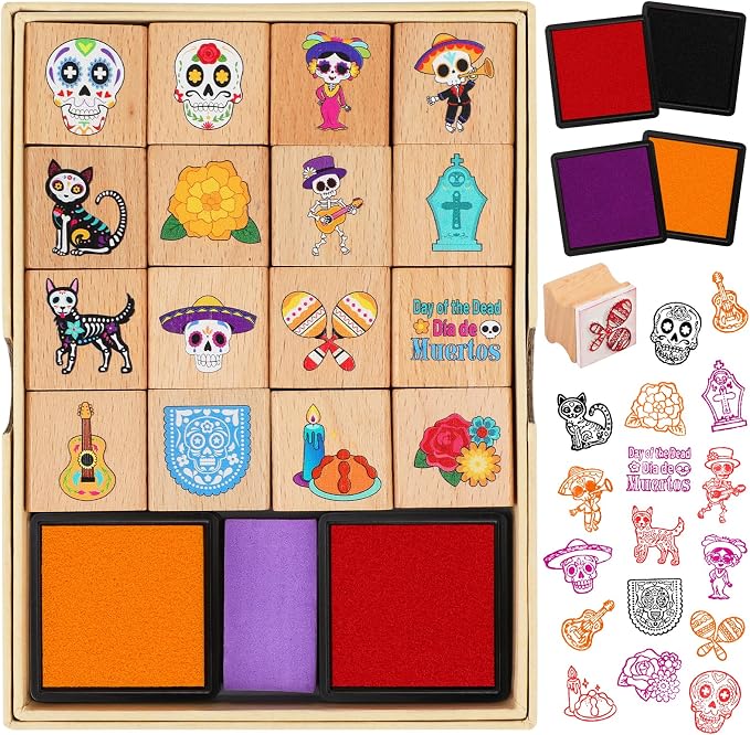 HOWAF Day of the Dead Stamps Crafts, Skeleton Rubber Stamper, Marigold Flower Inking Stamp, 16 Wooden Stamps Ink Pads Set for Dia De Los Muertos Party DIY Painting, Skull Craft Gifts Activities - skull painting