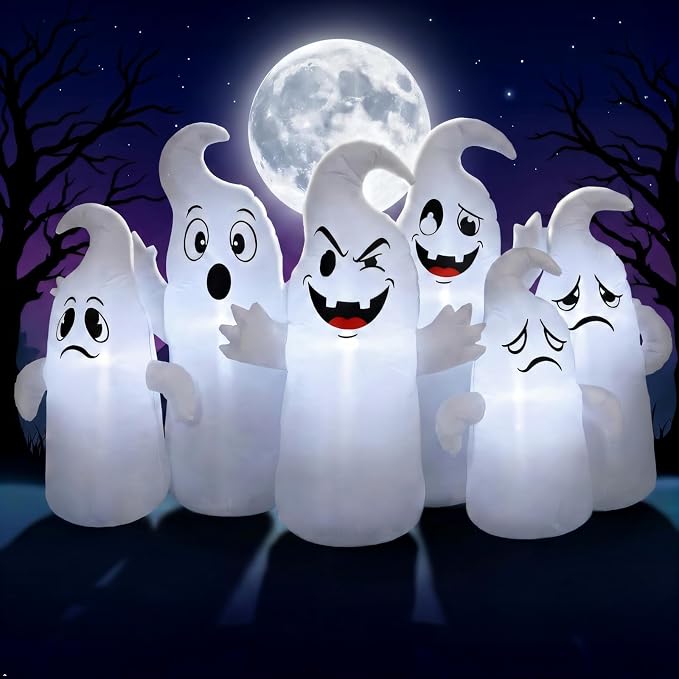 8FT Long Halloween Inflatable 6 Cute Ghosts, LED Yard Decoration - skull inflatable