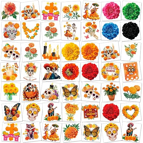 HOWAF 80pcs Marigold Flower Temporary Tattoos, Day of the Dead Floral Tattoos Stickers for Dia De Los Muertos Women Man Costume Accessories, Dead Day Skull Skeleton Bride Face Tattoo - skull sticker