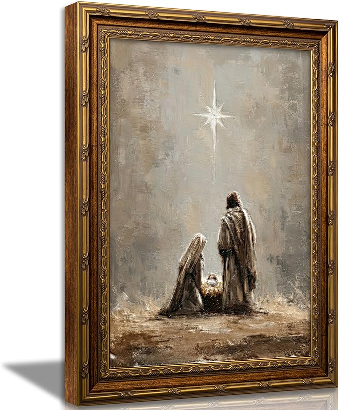 GarrbGrrl Vintage Framed Nativity Scene Textured Painting Wall Art - skull painting