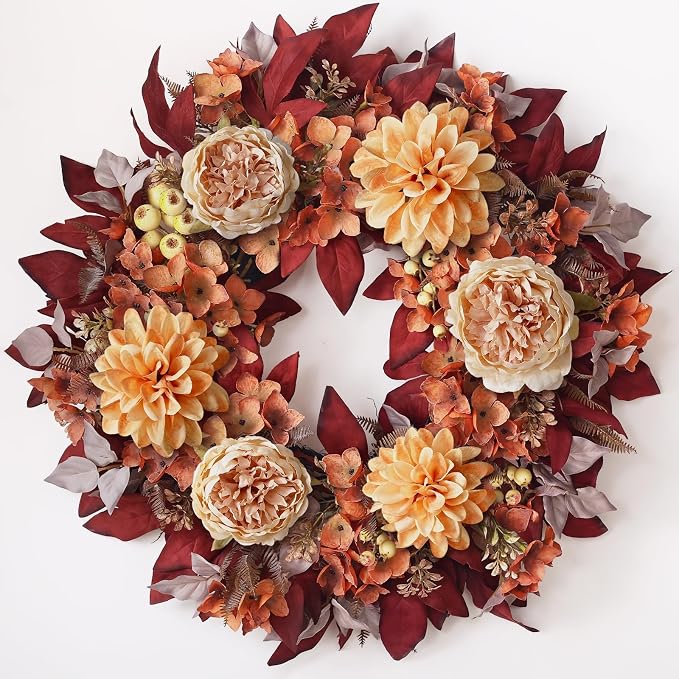 24" Fall Artificial Peony Dahlia Flower Wreath for Front Door Decor(Orange) - skull wreath