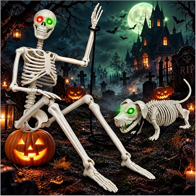 36'' Halloween Skeleton Decoration with Dog: Posable Skeleton Glowing Eyes - skeleton