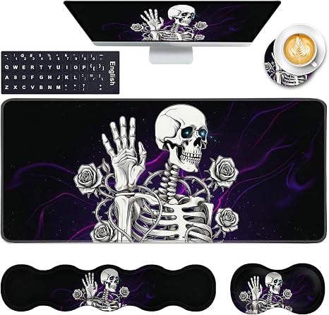 Keyboard Wrist Rest and Mouse Pad with Wrist Support Set Ergonomic Coaster,Memory Foam,Easy Typing Pain Relief,Large XL Desk Mat 31.5"x 11.8",Skull Men Hand - skull coaster