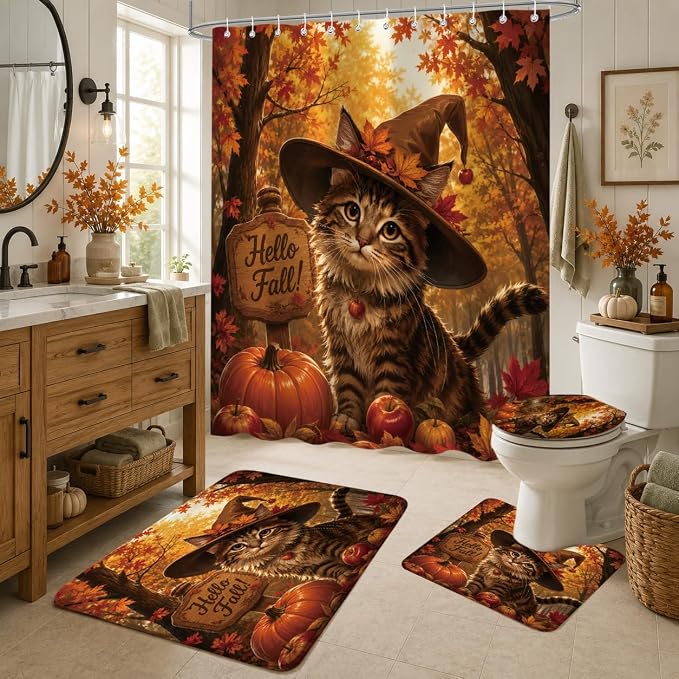 iTapnoom Fall Cat Shower Curtain Set 4 Piece, 72 x 72 Inch Autumn Bathroom Curtain with Bath Mat, U Shaped Rug and Toilet Lid Cover, Pumpkin Maple Leaf Hello Fall Bathroom Decor - skull toilet mat