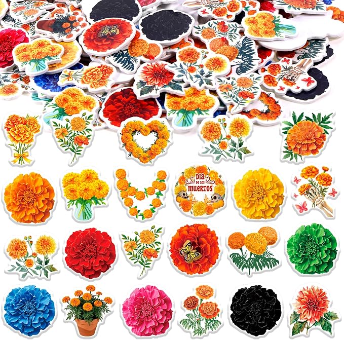 HOWAF 200pcs Day of The Dead Marigold Flower Foam Stickers - skull sticker