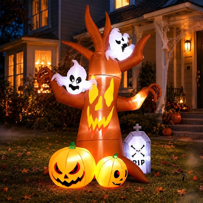 8FT Halloween Inflatable Ghost Tree Decoration with Pumpkin Ghost Tombstone - skull inflatable