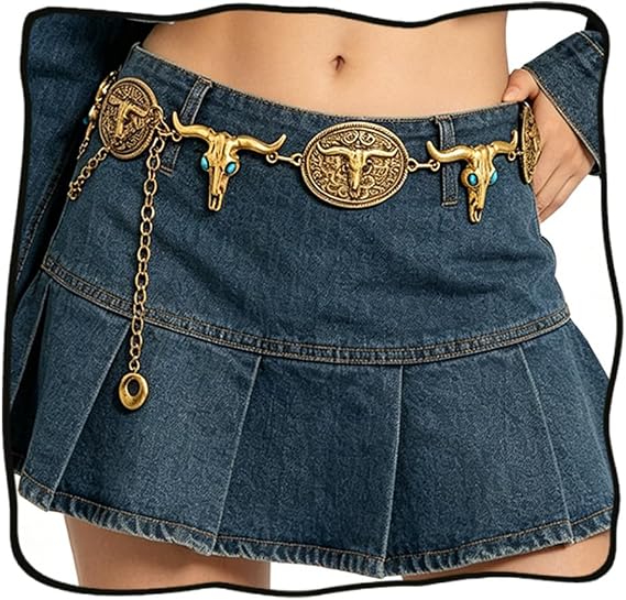 CanB Women Western Chain Belt Vintage Cowgirl Belt Boho Waist Chain - skull wallet