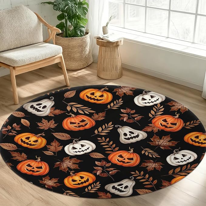 Halloween Round Area Rug 5ft,Machine Washable Black Orange White Pumpkin Maple Leaf Round Rug Non-Slip Circle Rugs Low-Pile,Indoor Floor Carpet Mat for Living Room Bedroom Kitchen Dining Entryway