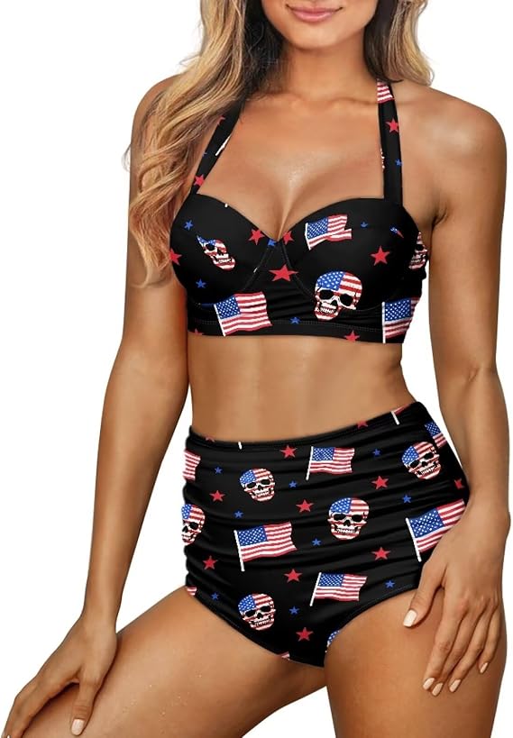 Women Two Piece Swimsuits High Waisted Bikini Ruffle Tummy Control Bottoms Halter Bathing Suits - skull swimsuit