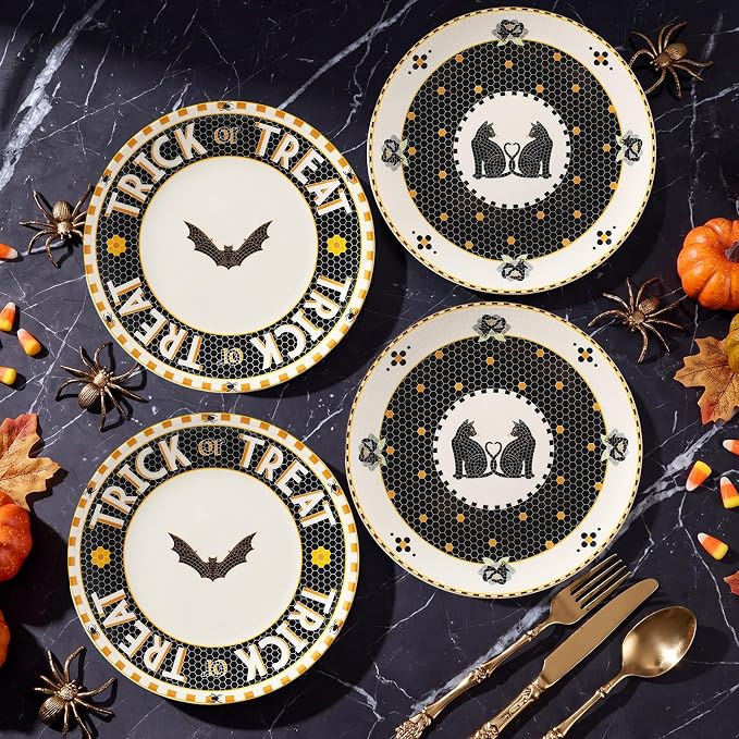 4 Pcs Tile Stoneware 24k Gold Accent Halloween Dessert Plates Ceramic - skull plate
