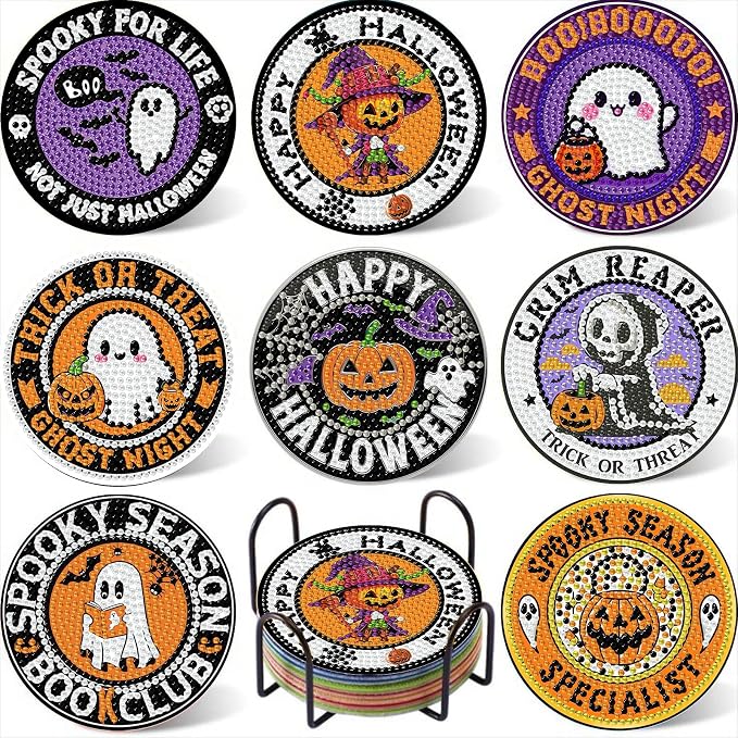 8PCS Halloween Diamond Art Coasters Kit for Adults,Non-Slip,4x4 IN - skull coaster