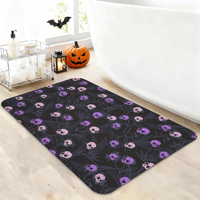 Halloween Skull Bath Mats for Bathroom 17×27 Inch Non-Slip Bath Decor Rug