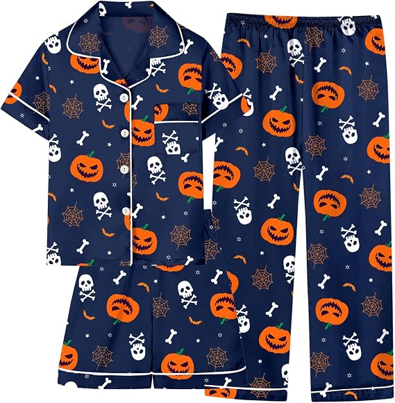Umeyda Boys Silk Pajamas Sets Short Sleeve Sleepwear 3 Piece Pjs Set - skull pajamas