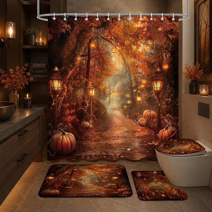 Halloween Forest Shower Curtain Set 4 Piece, 72 x 72 Inch Fall Bathroom Curtain with Bath Mat, U Shaped Rug and Toilet Lid Cover, Pumpkin Lantern Autumn Bath Decor - skull toilet mat