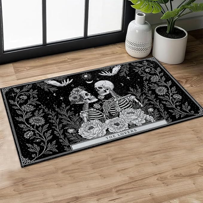 Gothic Skeleton Door Mat,Floral Skull Art Doormat,29.5x17in Non-Slip Rubber Backing Floor Mat,Entry Rug,for Living Room,Office,RV,Kitchen,Entryway Doorways Mats Decor,Doormats Gifts - skull floor mat