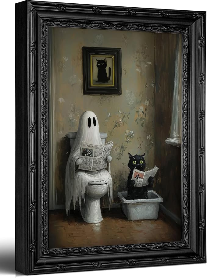 Framed- Bathroom Ghost Black Cat Picture Wall Art,9x11in - skull wall art