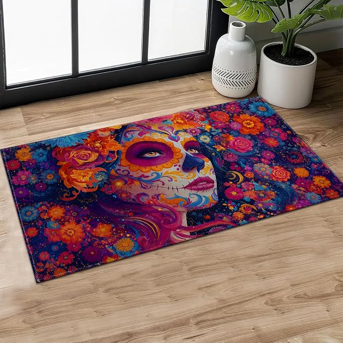 Colorful Sugar Skull Door Mat, Floral Doormat, 29.5x17in Entry Rug