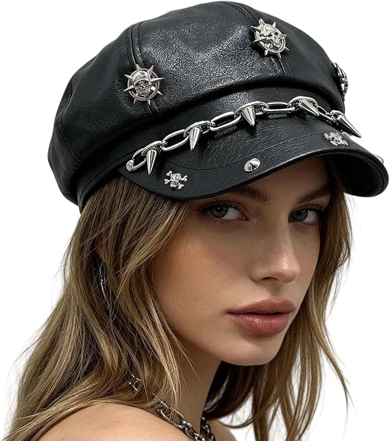 Gothic Punk Black PU Leather Newsboy Cap, Studs Rivet Skull Chain Beret Hat, Retro Biker Rock Cap for Men Women, Cosplay Streetwear - skull jacket