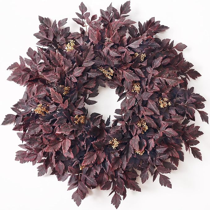 26" Artificial Cimicifuga Fall Wreath for Halloween Front Door(Dark Purple) - skull wreath