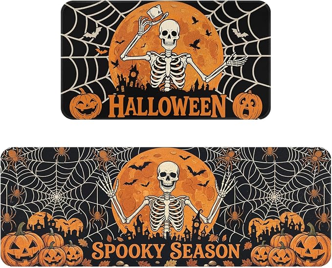 Halloween Skull Kitchen Rugs Sets of 2 Non Slip Orange Black Skeleton Pumpkin Kitchen Mats for Floor with Rubber Backing Washable Spooky Kitchen Runner Rug Carpet 17"x47"+17"x30" for Hallway Laundry - skull carpet