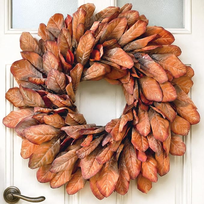 26″ Artificial Fall Magnolia Leaf Wreath for Front Door Decoration (Orange)