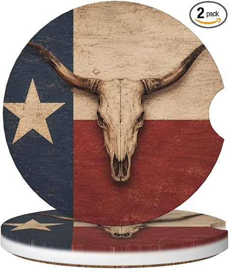 Rustic Texas Flag Longhorn Skull 2 Pack Car Cup Holder Coasters, 2.56 Inch Absorbent Ceramic Car Coasters, Anti Slip Cup Pad with Cork Base, Auto Accessories Interior for Women Men - skull coaster