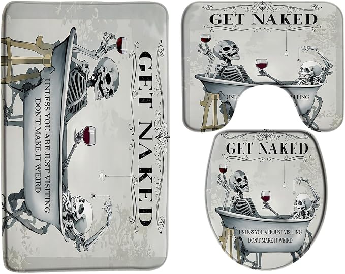Funny Skull 3 Piece Bath Rug Sets Halloween Skeleton Gothic Spooky Bone in Bathtub Horror Retro Scary 3 Piece Bath Rug Sets,17.8″x29.5″Bath Mat,Toilet Seat Cover, U-Shaped Toilet