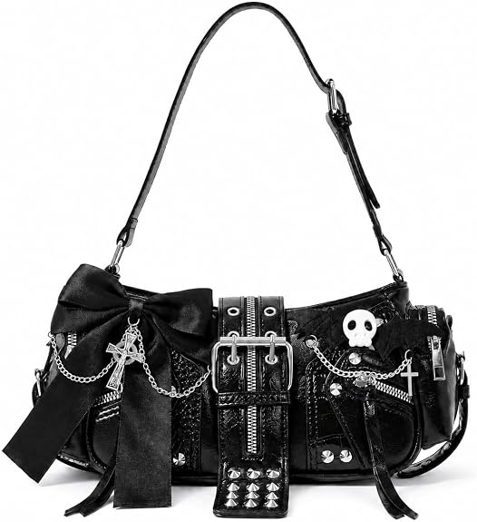 Gothic Shoulder Bag, Y2K Faux Leather Purse with Bow - sugar skull handbags for sale