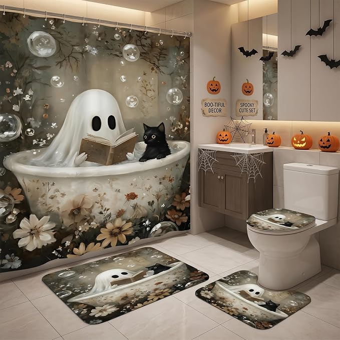 Halloween Ghost Shower Curtain Set, 4PCS Ghost and Black Cat Bathroom Curtain Bath Mat Toilet Lid Cover and U-Shaped Mat, Horror Funny Spooky Bathroom Decor Accessories Set - skull toilet mat