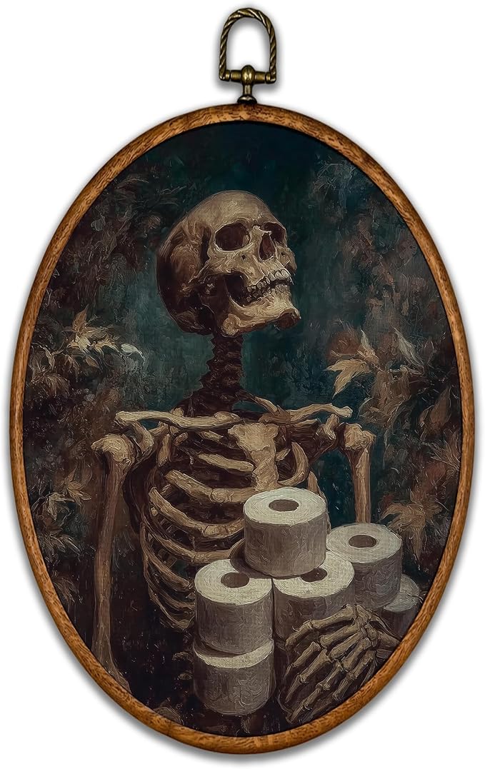 BCUANGD Halloween Humor Bathroom Skeleton Oval Wall Art 8.6"x11.4" - skull toilet paper
