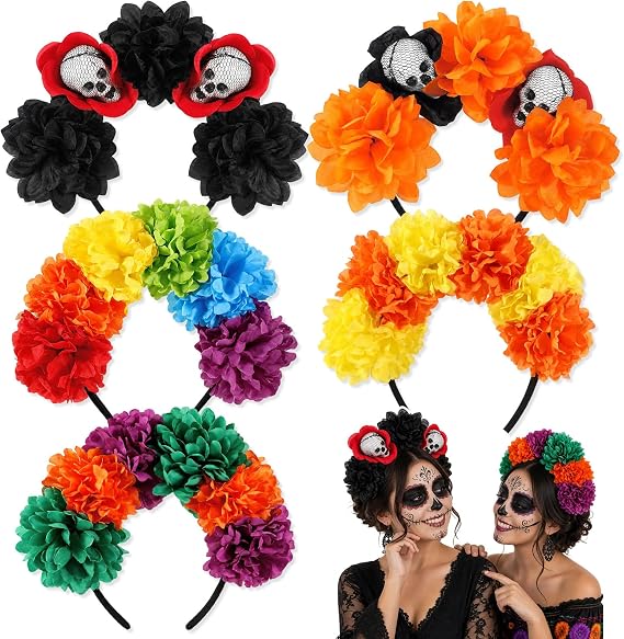 HOWAF 5pcs Day of the Dead Costume Flower Headband, Dia de los Muertos Rose Flower Crown for Women Men Halloween Cosplay Party, Mexican Floral Headpiece Skull Headwear for Dead Day Costume Accessories - skull headband