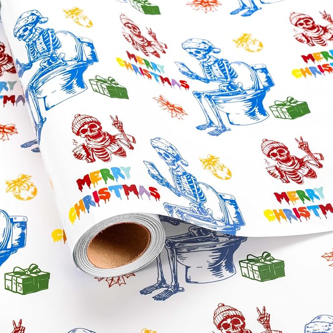 Burymento Skull Funny Christmas Wrapping Paper, Gothic Christmas Gift Wrap - skull toilet paper