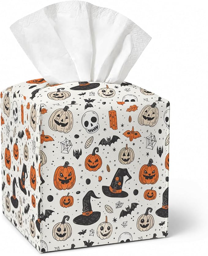 Halloween Spooky Tissue Box Covers Square, Leather Tissue Box Cover Decorative for Home Office Bathroom, Pumpkin Skull Square Facial Paper Organizer Halloween Home Decor – 043