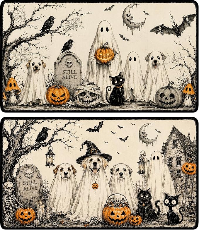Halloween Ghost Door Mat Non Slip, Funny Welcome Front Doormats Outdoor Set of 2, Halloween Pumpkin Door Rug Entryway Decor(28 X 16 Inches) - skull floor mat