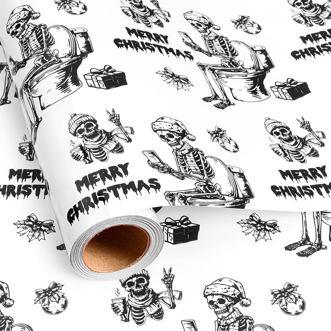 Burymento Gothic Christmas Wrapping Paper, Funny Black Christmas Gift Wrap - skull toilet paper