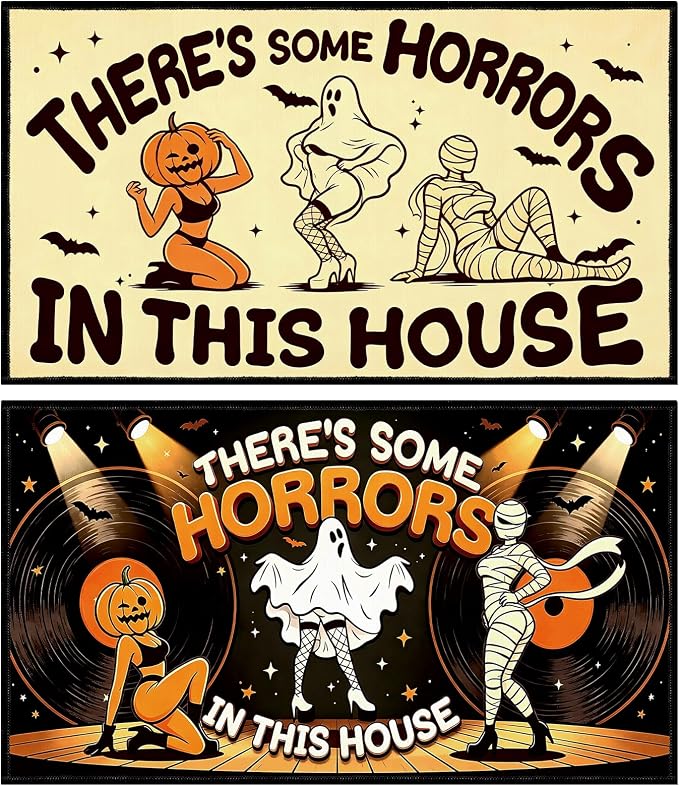 Halloween Door Mat Non Slip Set of 2, Funny Welcome Front Doormats Outdoor, There Some Horrors in This House Door Rug Entryway Decor(28 X 16 Inches)