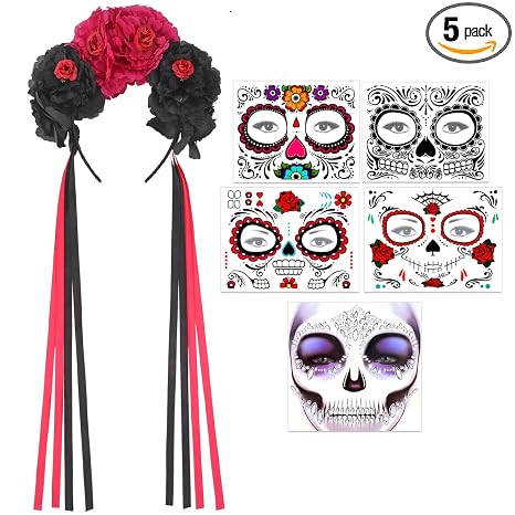 HOWAF Day of the Dead Women Costume Crown Tattoos - skull sticker