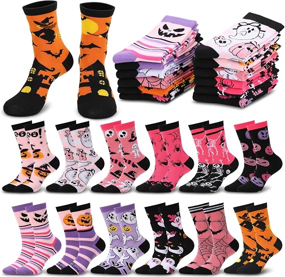 12 Pairs Halloween Crew Socks for Women Girls, Novelty Funny Sock - sugar skull costume