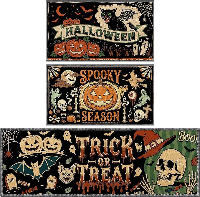 Halloween Skull Kitchen Mats Set of 2 Non Slip Rug for Home Floor