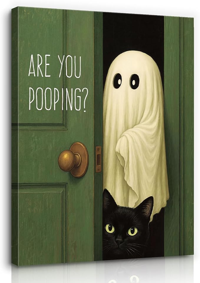 YHCTHT Funny Ghost Cat Halloween Bathroom Wall Art, Are You Pooping - skull painting