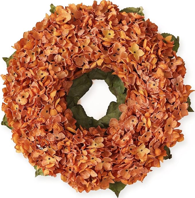 21″ Fall Artificial Hydrangea Flower Wreath for Front Door Decor(Orange)