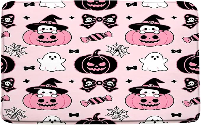 Pink Halloween Bath Mat Cute Ghost Spooky Pumpkin, 17.7x29.5 Inch - skull toilet mat