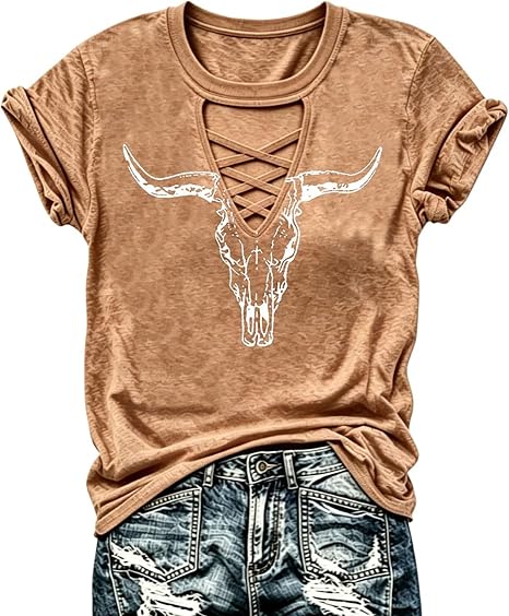 Retro Western Cowboy Shirt for Women's V-Neck Graphic Shirt Country Concert T-Shirt Summer Short-Sleeved Tees Tops - skull tshirt