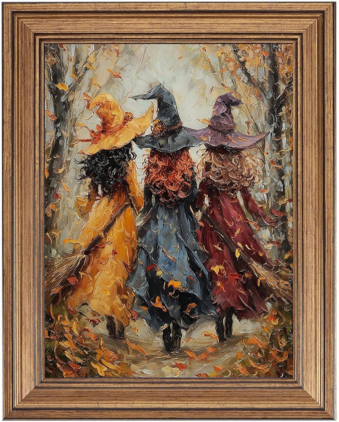 Vintage Halloween Canvas Wall Art, Framed Three Witches Oil Painting Print, Dark Academia Autumn Forest Decor, Retro Gothic Spooky Poster, Rustic Fall Artwork for Living Room, Bedroom, Bathroom, Kitchen (12"L x 9.5"W) - skull wall art