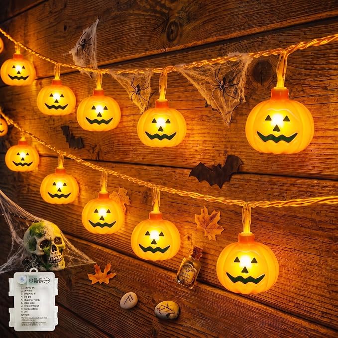 Pumpkin String Lights Battery Operated, Halloween Lights Outdoor with Timer - string light