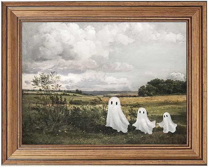 Vintage Halloween Wall Art, Gold Framed Cute Ghost Rustic Landscape Painting, Aesthetic Spooky Farmhouse Decor, Fall Seasonal Canvas Picture for Mantel, Living Room, Bedroom, Shelf Display (12″L x 9.5″W)