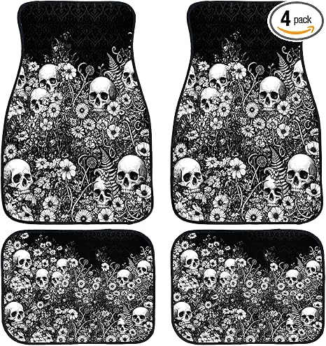 Skull Car Floor Mats Set of 4, Black White Skull Floral Carpet Front Rear Carpets Mat Decorative Car Floor Carpets Non-Slip Auto Car Accessories Universal Fit for Car SUV Truck Van