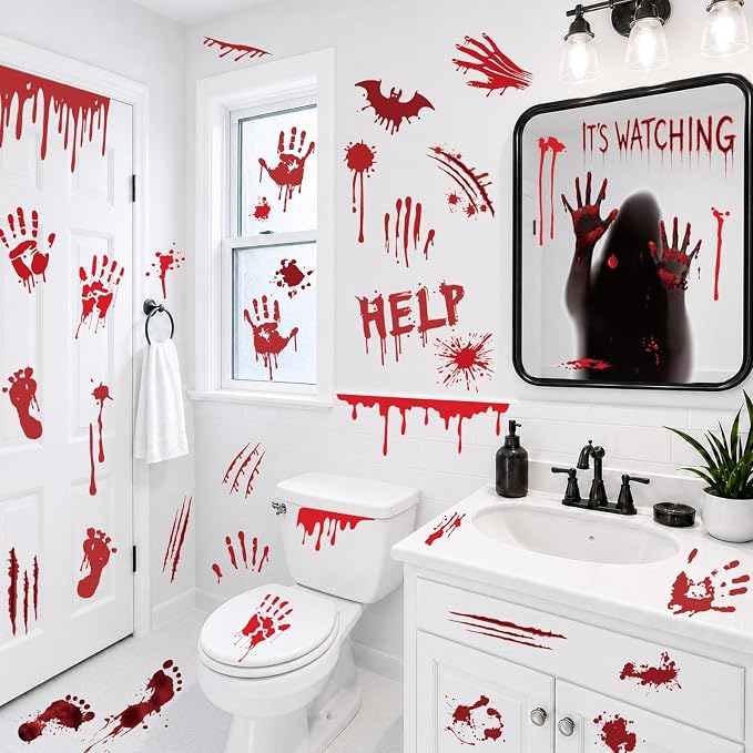 Halloween Bloody Handprint Footprint Wall & Window Stickers, Horror Decor - skull sticker