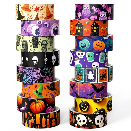 Halloween Washi Tape Set, 16 Rolls Pumpkin Decorative for Crafts - skull sticker